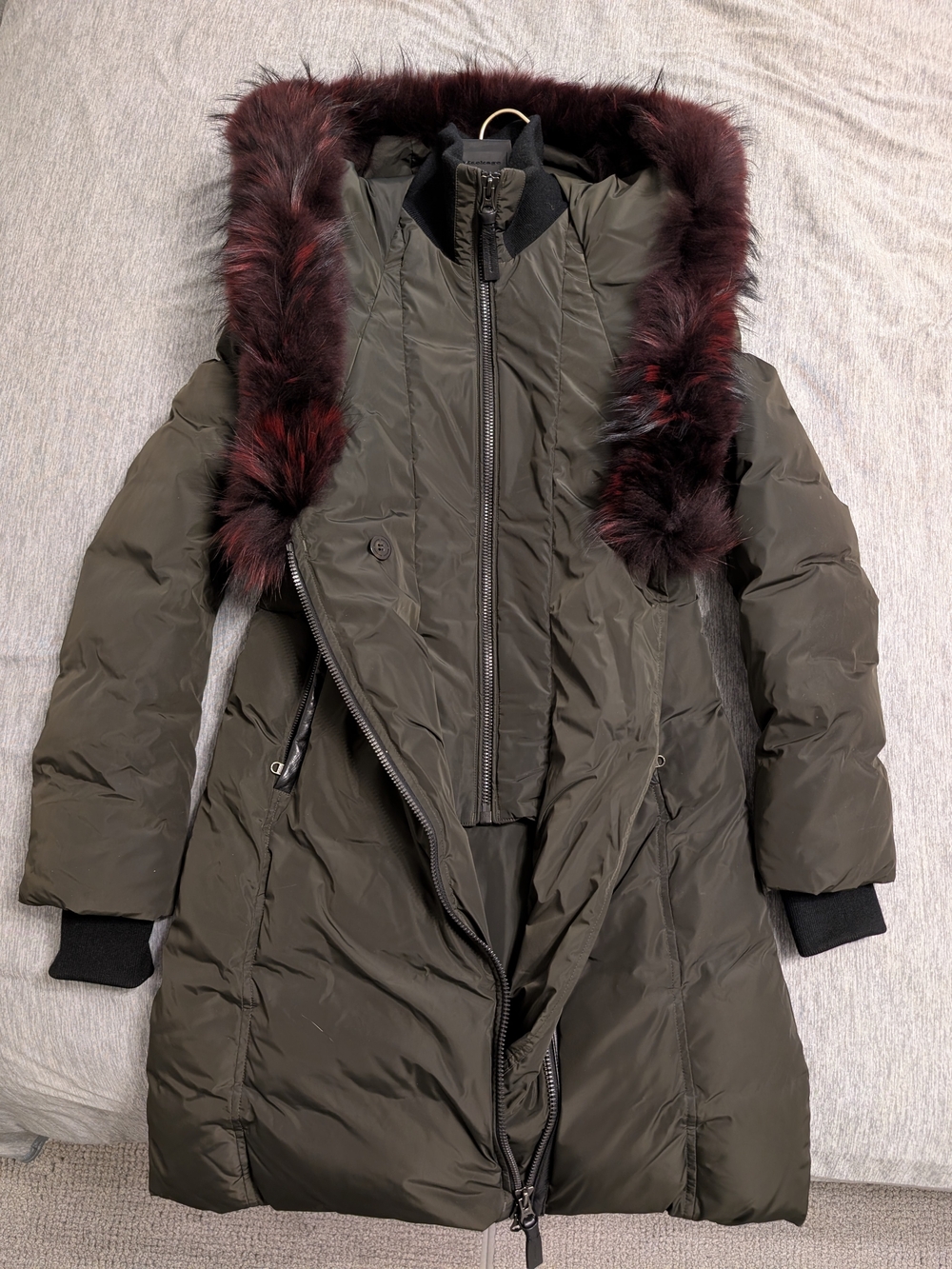 Mackage Adali Down Coat in Olive Army Green with Burgundy Fur Hood